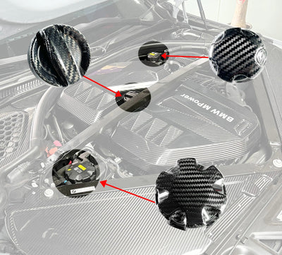Bouchons Huile Carbone BMW M3 M4 X3M G80 G82 G87 S58 - installé sur véhicule - Becquet Voiture