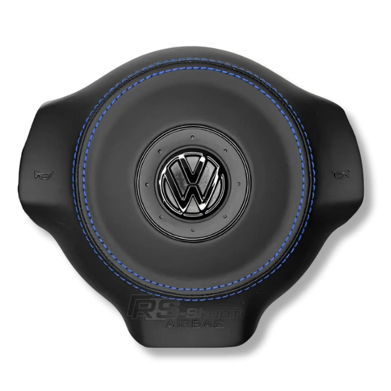 Cache Airbag VW Golf 6 Cuir Alcantara Surpiqûres Logo Noir - détail du montage - Becquet Voiture