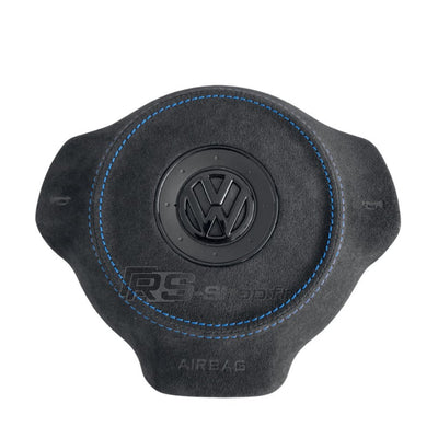 Cache Airbag VW Golf 6 Cuir Alcantara Surpiqûres Logo Noir - installé sur véhicule - Becquet Voiture