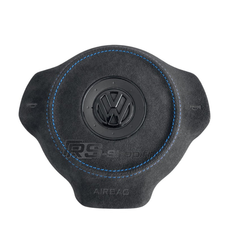 Cache Airbag VW Golf 6 Cuir Alcantara Surpiqûres Logo Noir - installé sur véhicule - Becquet Voiture