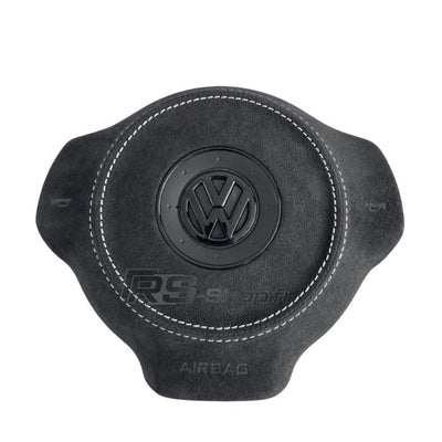 Cache Airbag VW Golf 6 Cuir Alcantara Surpiqûres Logo Noir - vue arrière - Becquet Voiture