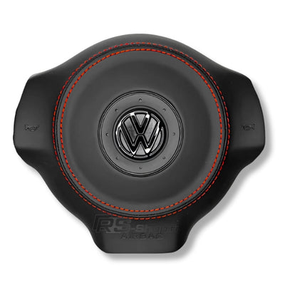 Cache Airbag VW Golf 6 Cuir Alcantara Surpiqûres Logo Noir - vue de dessus - Becquet Voiture