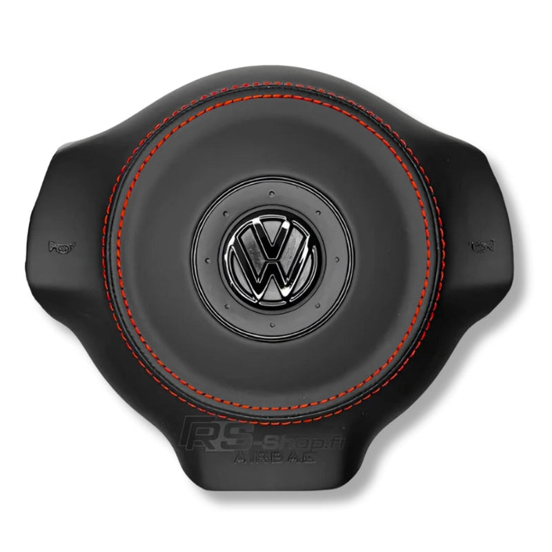 Cache Airbag VW Golf 6 Cuir Alcantara Surpiqûres Logo Noir - vue de dessus - Becquet Voiture