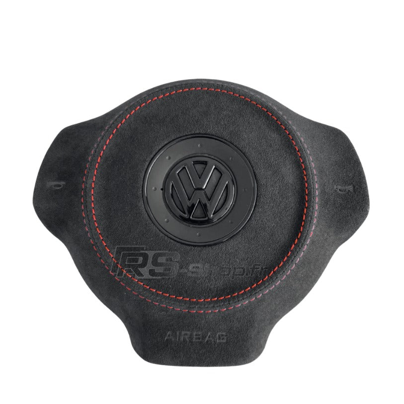 Cache Airbag VW Golf 6 Cuir Alcantara Surpiqûres Logo Noir - vue de face - Becquet Voiture