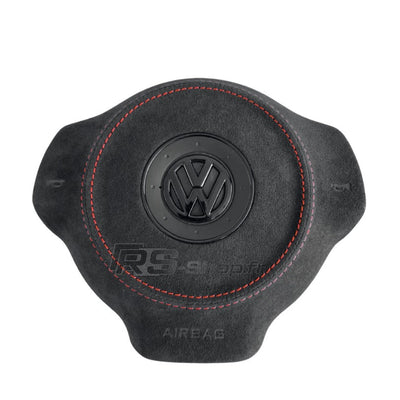Cache Airbag VW Golf 6 Cuir Alcantara Surpiqûres Logo Noir - vue de face - Becquet Voiture