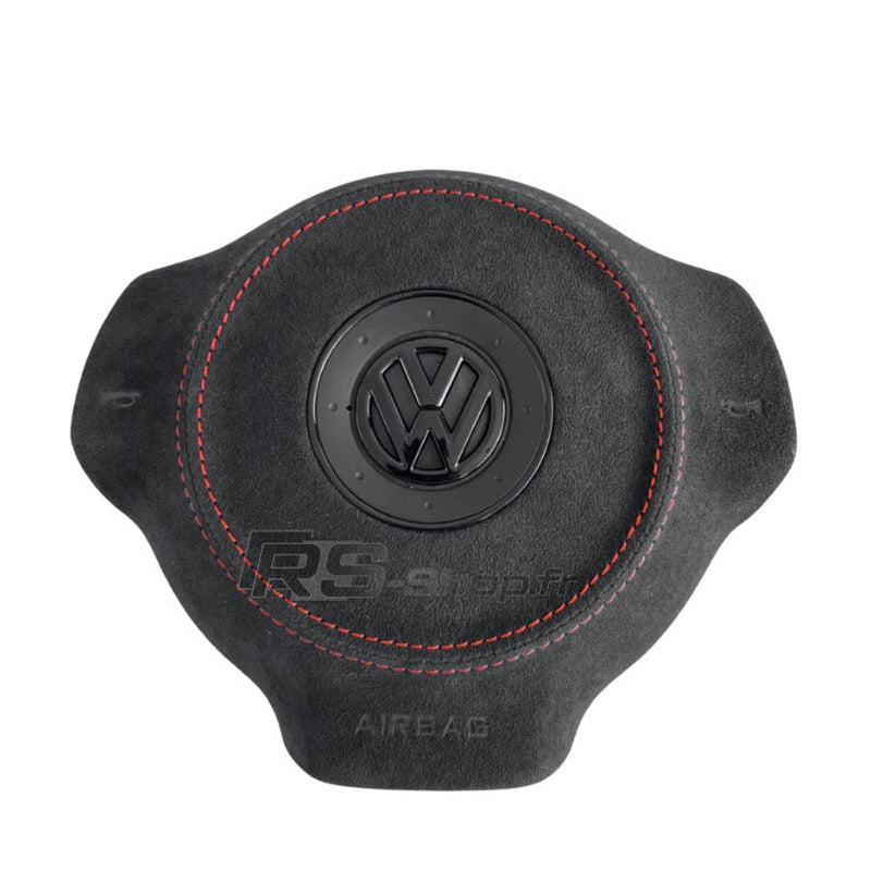 Cache Airbag VW Golf 6 Cuir Alcantara Surpiqûres Logo Noir - vue de face - Becquet Voiture