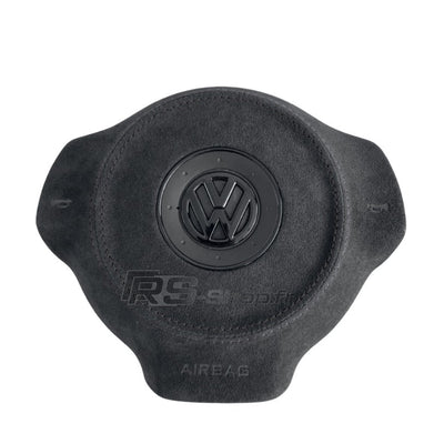 Cache Airbag VW Golf 6 Cuir Alcantara Surpiqûres Logo Noir - vue de trois-quarts - Becquet Voiture