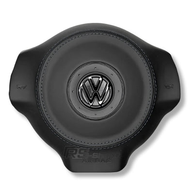 Cache Airbag VW Golf 6 Cuir Alcantara Surpiqûres Logo Noir - vue rapprochée - Becquet Voiture