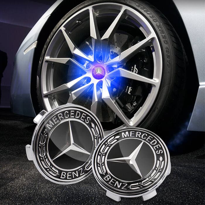 Cache Moyeu LED Mercedes 75mm Flottant Multicolore Kit 4 - vue de face - Becquet Voiture
