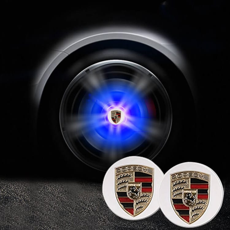 Cache Moyeu Porsche Lumineux LED 65mm 75mm Multicolore - vue de face - Becquet Voiture