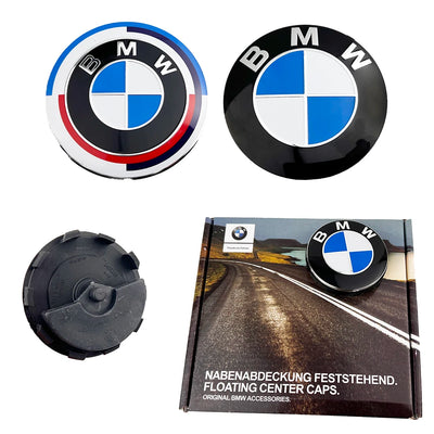 Cache-Moyeux Flottants BMW 50e Anniversaire 68mm 56mm (4 Pièces) - vue de profil - Becquet Voiture