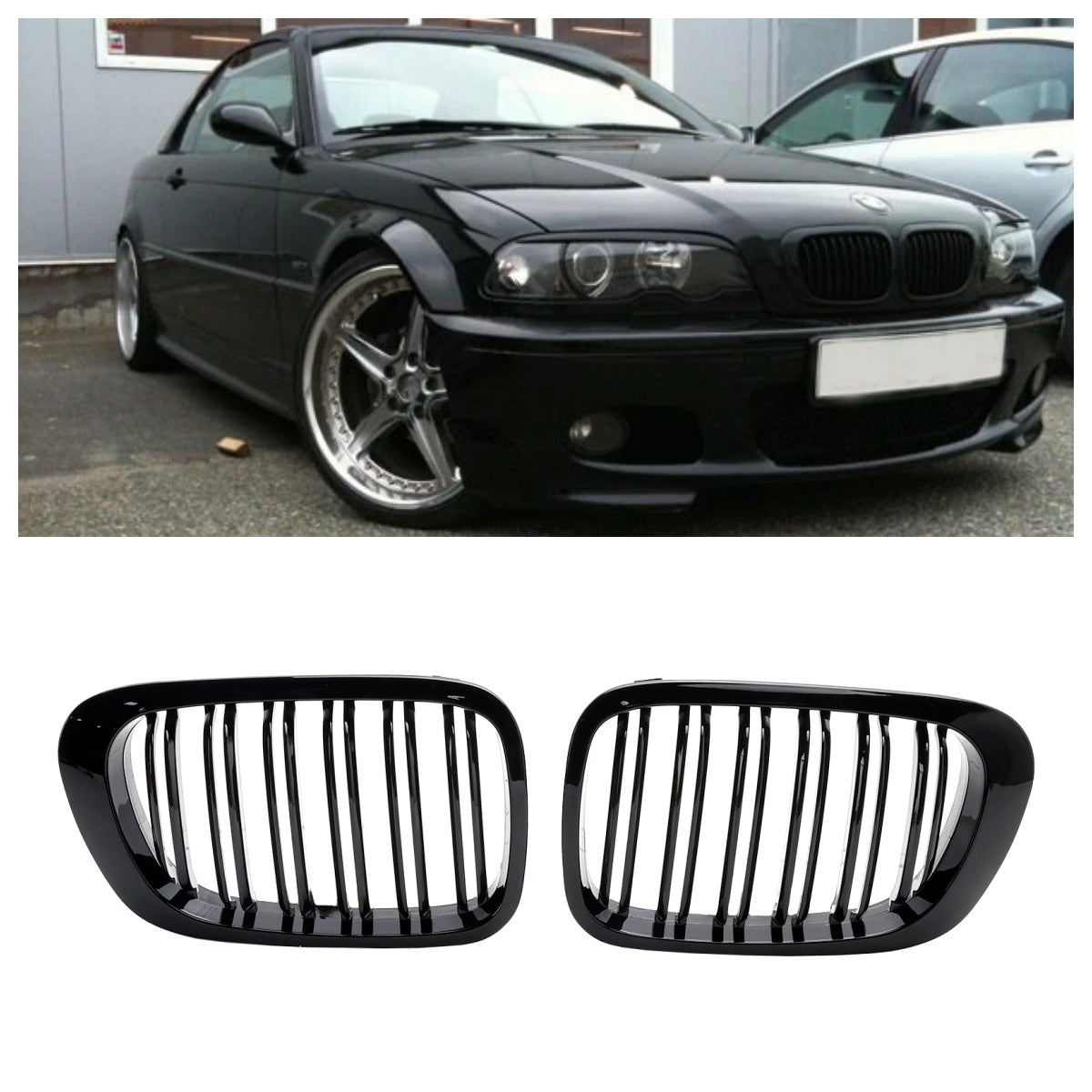 Calandre Avant Double Ligne Noir Brillant BMW E46 Coupé Cabriolet 1998-2001 - vue de face - Becquet Voiture