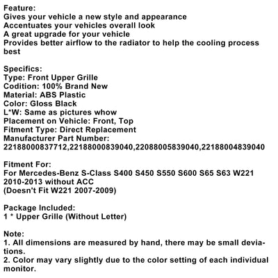 Calandre Avant Mercedes Classe S W221 Noir Brillant 2010-2013 - vue de profil 2 - Becquet Voiture