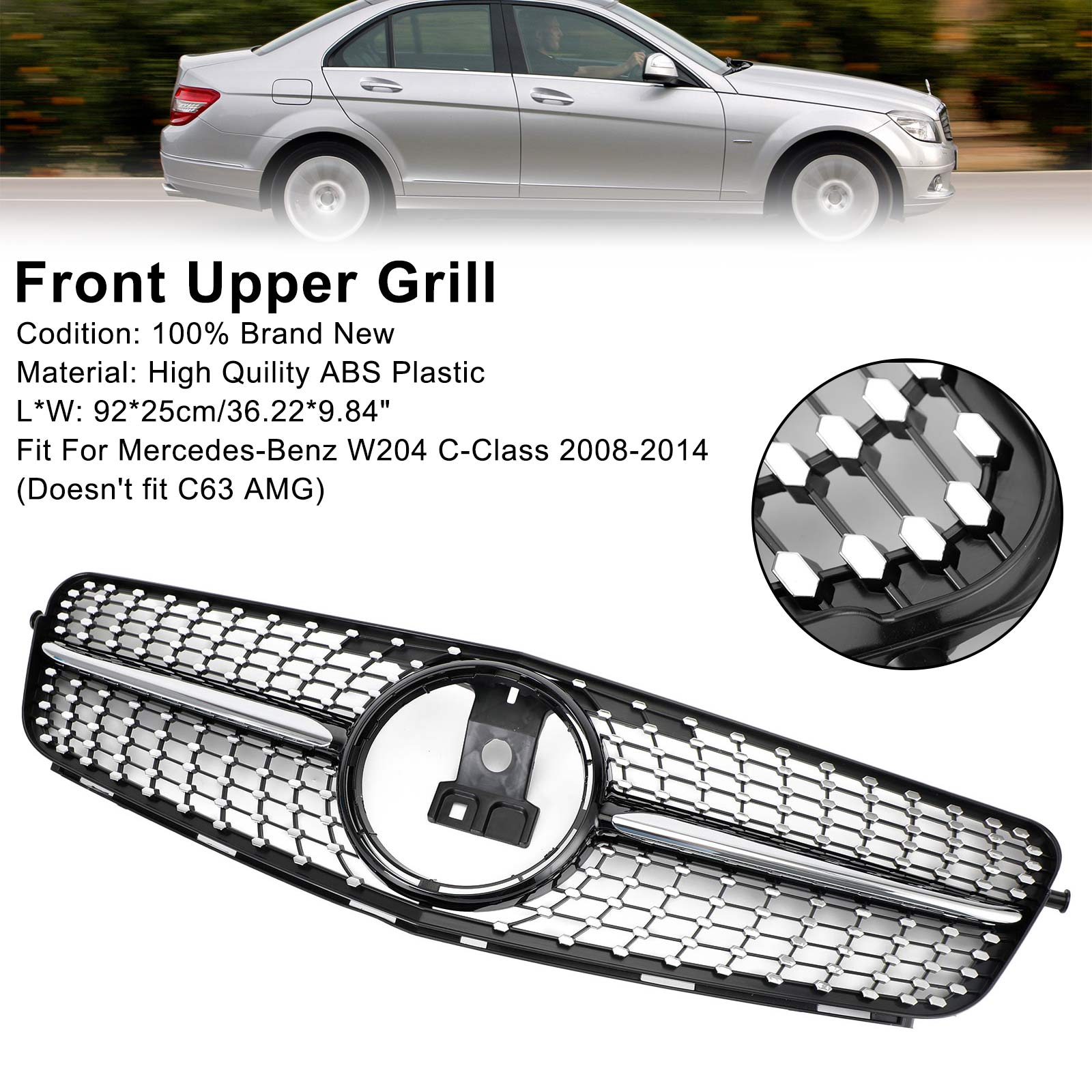 Calandre Avant Noir Chrome Mercedes Classe C W204 2008-2014 - vue de face - Becquet Voiture