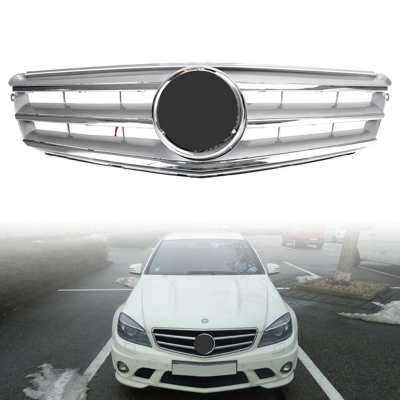 Calandre Centrale Mercedes W204 C300 C350 2008-2014 Argent Avec LED - vue de face - Becquet Voiture