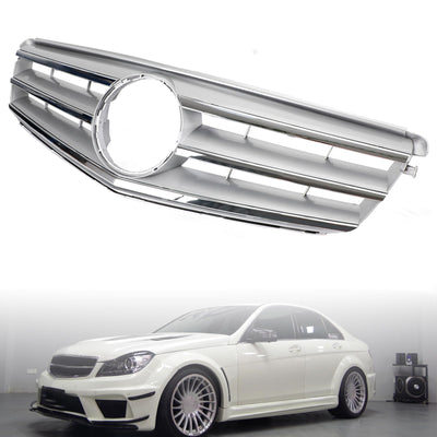 Calandre Centrale Mercedes W204 C300 C350 2008-2014 Argent Avec LED - vue de profil 2 - Becquet Voiture