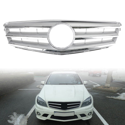 Calandre Centrale Mercedes W204 C300 C350 2008-2014 Argent Avec LED - vue de profil - Becquet Voiture