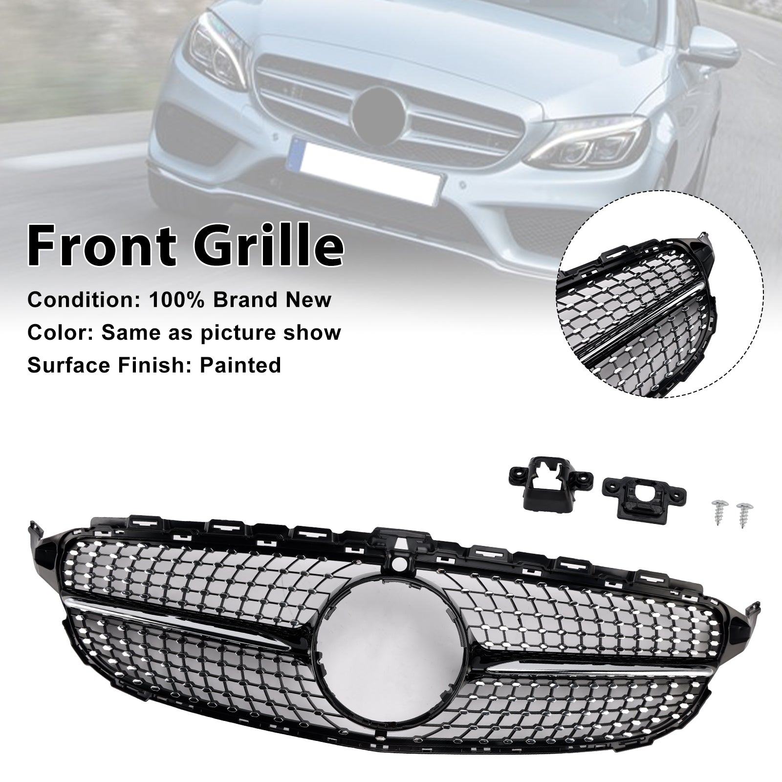 Calandre Diamantée Mercedes Classe C W205 C250 C300 2015-2018 - vue de face - Becquet Voiture