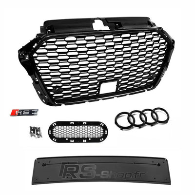 Calandre Noire Nid Abeille Style RS3 Audi A3 S3 8V - vue de trois-quarts 2 - Becquet Voiture