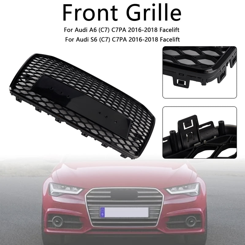 RS6-Style-Kühlergrill Wabenmuster Audi A6 S6 C7 2016–2018 Schwarz - Dreiviertelansicht - Becquet Voiture