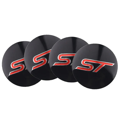 Centre De Roues Ford ST Noir Chrome Rouge Bleu 54mm - vue de trois-quarts - Becquet Voiture