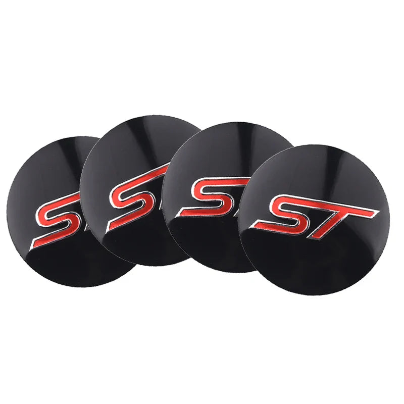 Centre De Roues Ford ST Noir Chrome Rouge Bleu 54mm - vue de trois-quarts - Becquet Voiture