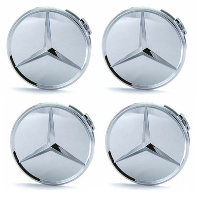 Centre de Roues Mercedes 75mm Noir Chrome Bleu - détail du montage - Becquet Voiture