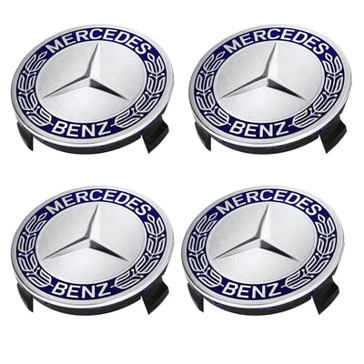 Centre de Roues Mercedes 75mm Noir Chrome Bleu - installé sur véhicule - Becquet Voiture