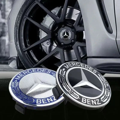 Centre de Roues Mercedes 75mm Noir Chrome Bleu - vue arrière - Becquet Voiture