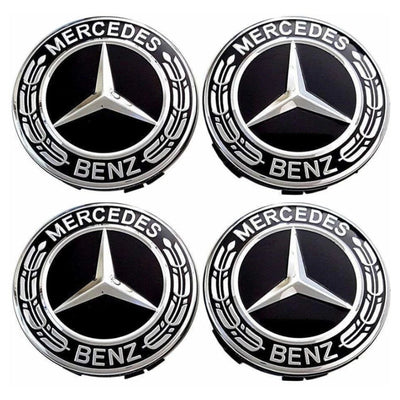 Centre de Roues Mercedes 75mm Noir Chrome Bleu - vue de trois-quarts - Becquet Voiture
