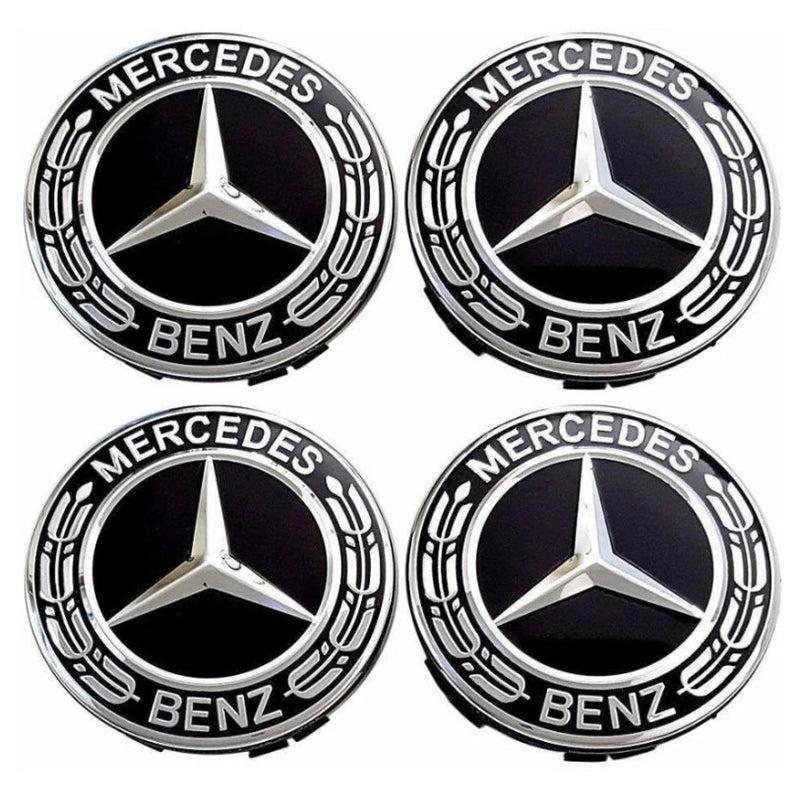 Radkappen Mercedes 75mm Schwarz Chrom Blau - Dreiviertelansicht - Becquet Voiture