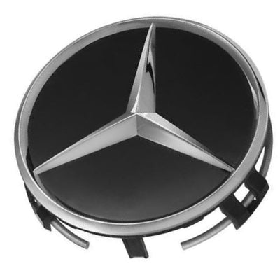 Centre de Roues Mercedes 75mm Noir Chrome Bleu - vue rapprochée - Becquet Voiture