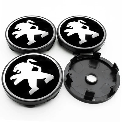 Centre de Roues Peugeot 56mm 60mm Noir Chrome - vue de trois-quarts - Becquet Voiture