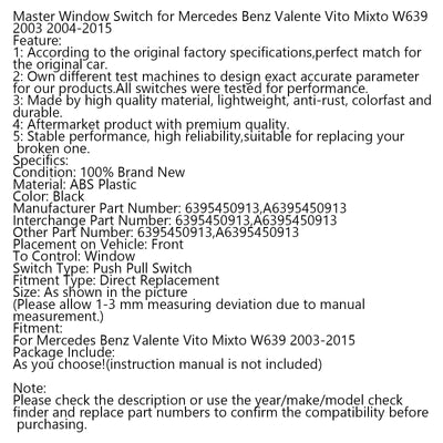 Commutateur Fenêtre Principal Mercedes Benz Valente Vito Mixto W639 Noir - vue de face 2 - Becquet Voiture