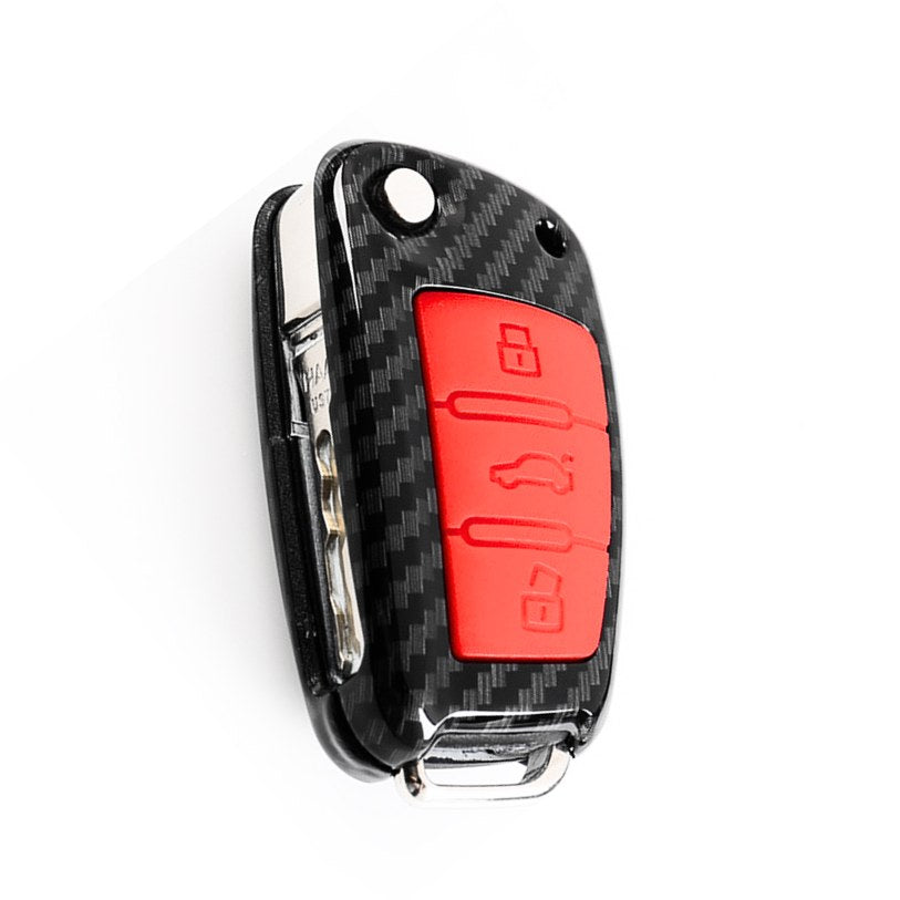 Coque Clé Audi Carbone Silicone Noir Rouge - vue de face - Becquet Voiture