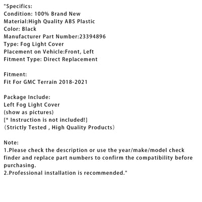 Couvercle Feu Antibrouillard Gauche GMC Terrain 2018-2021 Noir - packshot studio - Becquet Voiture