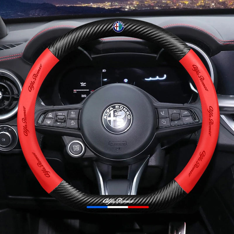 Leather Steering Wheel Cover Alfa Romeo Giulia Stelvio Giulietta - rear view - Becquet Voiture