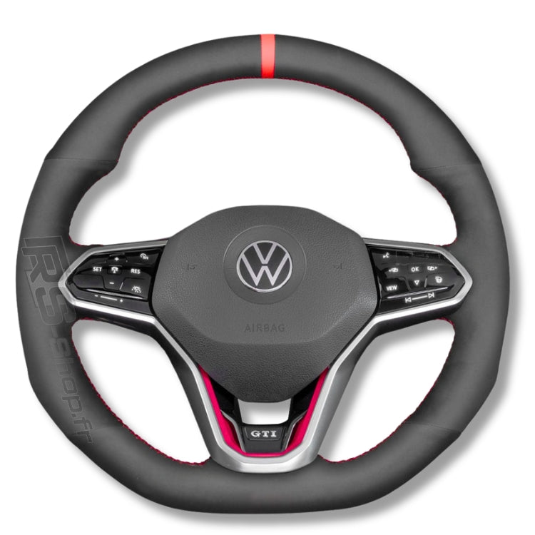 Couvre Volant Cuir VW Golf 8 GTI R Surpiqûres Rouges - vue de dessus - Becquet Voiture