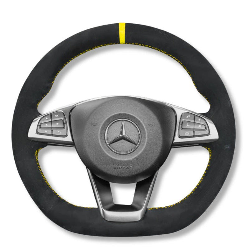 Couvre Volant Mercedes W205 AMG Cuir Alcantara Surpiqûres - vue de trois-quarts - Becquet Voiture