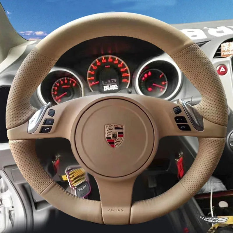 Couvre volant Porsche en cuir à coudre - vue de face - Becquet Voiture