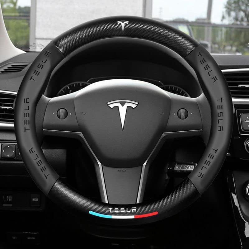 Couvre volant Tesla Cuir et Fibre de Carbone - vue de face - Becquet Voiture