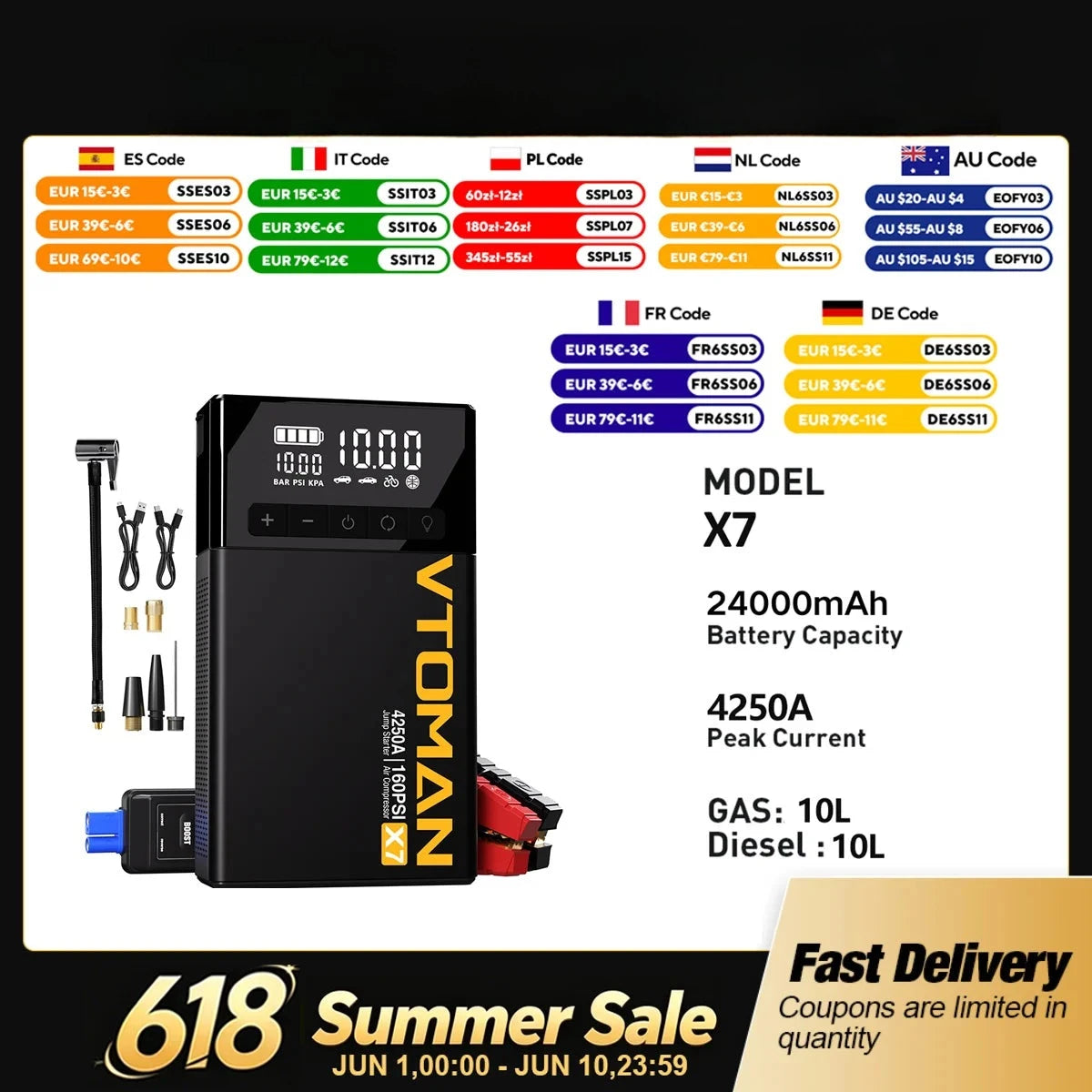 Démarreur de Batterie Voiture 4 en 1 4250A - vue de face - Becquet Voiture