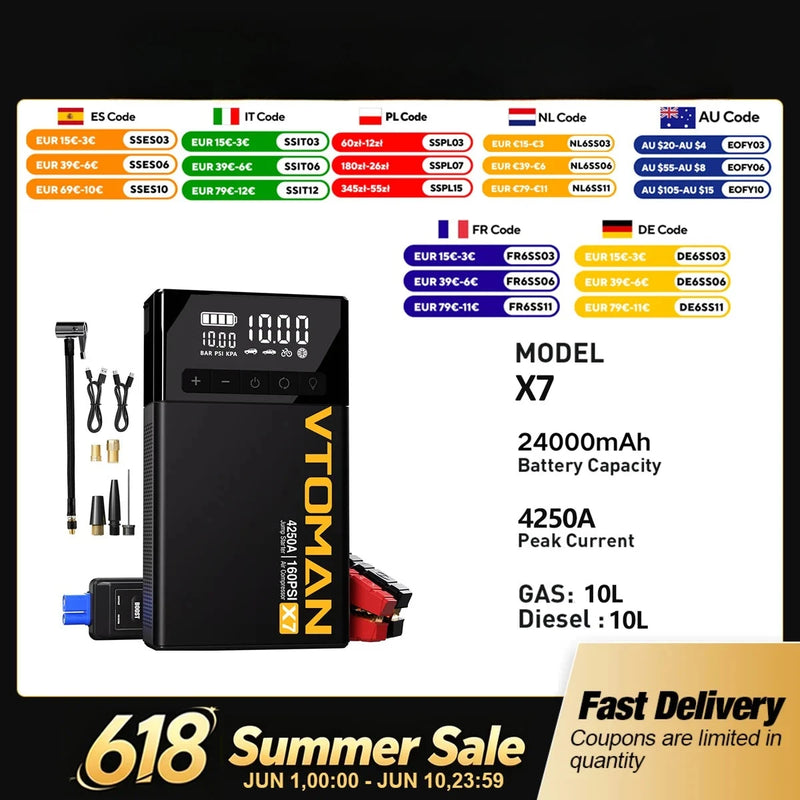Démarreur de Batterie Voiture 4 en 1 4250A - vue de face - Becquet Voiture