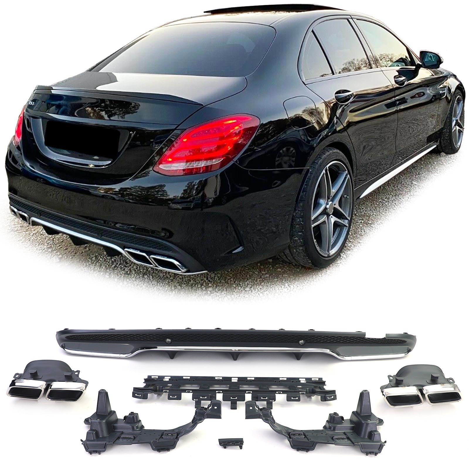 Diffuseur Et Sorties Échappement Look 63 AMG Mercedes Classe C - détail du montage 2 - Becquet Voiture