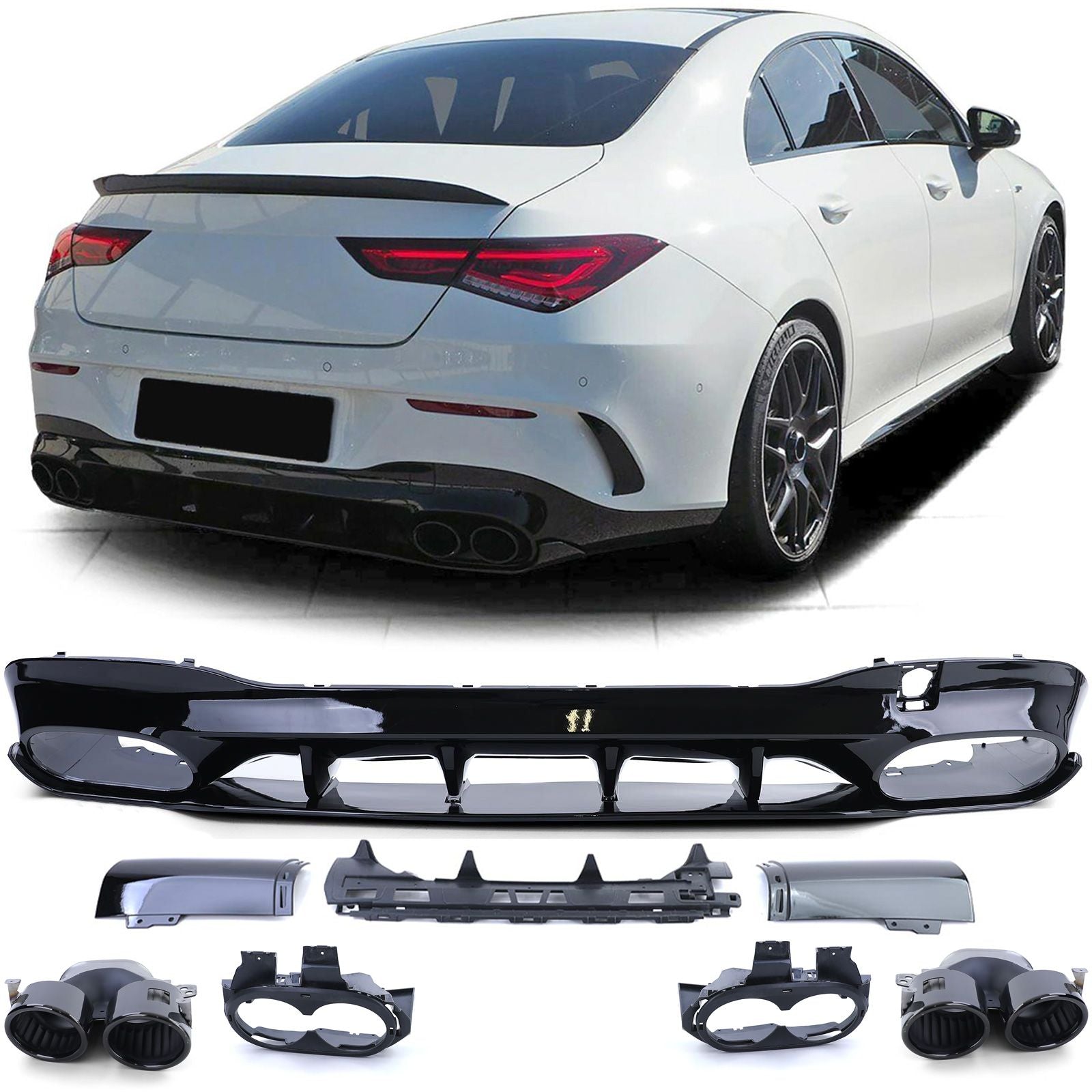 Diffuseur Pare-Choc Arrière Mercedes CLA C118 2019-2025 Noir Brillant - vue de face - Becquet Voiture