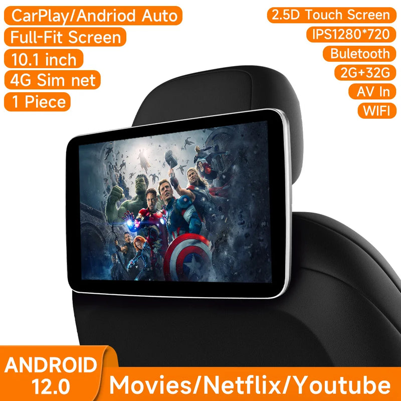 Écran Appui-Tête Android IPS CarPlay WiFi Bluetooth - vue de trois-quarts 4 - Becquet Voiture