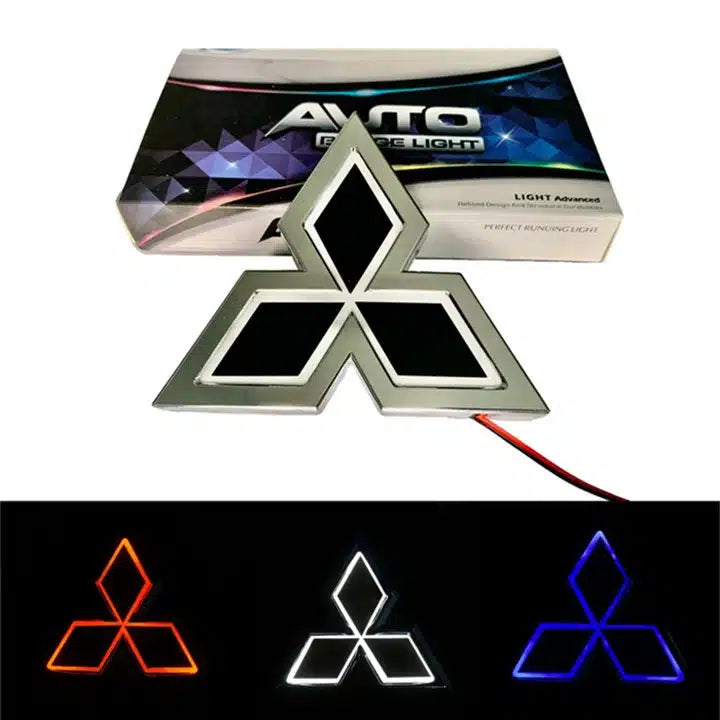 Emblème Arrière LED Mitsubishi — Logo Lumineux Rouge Bleu Blanc - vue de face - Becquet Voiture