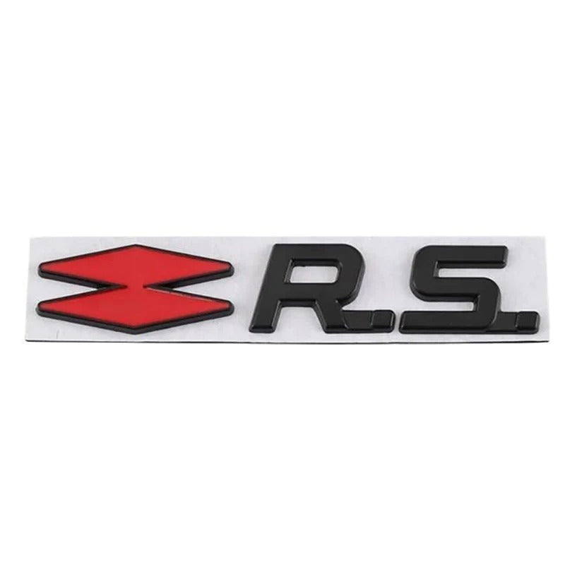 Emblème Logo RS Renault Noir Chrome Rouge Jaune - vue de face - Becquet Voiture