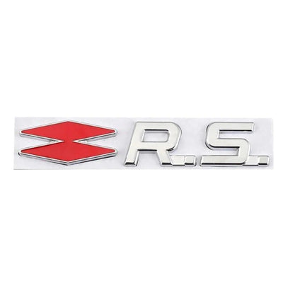 Emblème Logo RS Renault Noir Chrome Rouge Jaune - vue de profil - Becquet Voiture