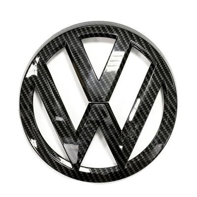 Emblème Logo VW Noir 3D Brillant Mat Carbone Golf Polo - détail du montage - Becquet Voiture